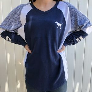 Pink navy blue crew neck